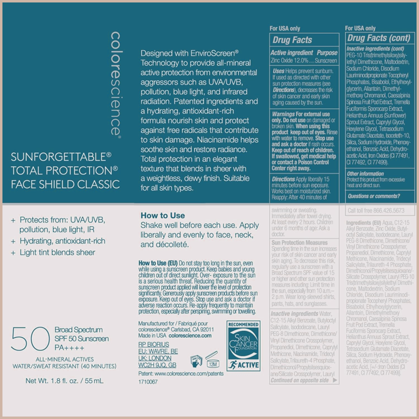 Total Protection Face Shield SPF 50 – 100% Mineral Zinc Oxide Sunscreen with Environmental Defense – 1.8 fl oz