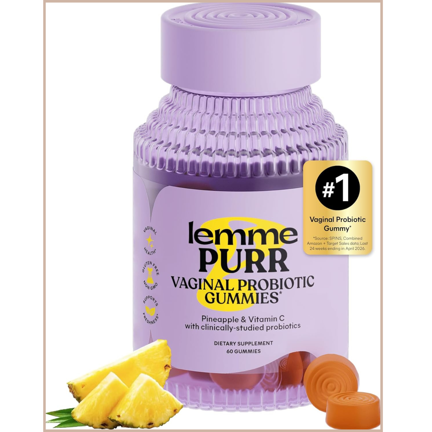 Lemme Purr Vaginal Probiotic Gummies – pH Balance, Healthy Odor, Flora & Immune Support – Pineapple Flavor – 60 Count