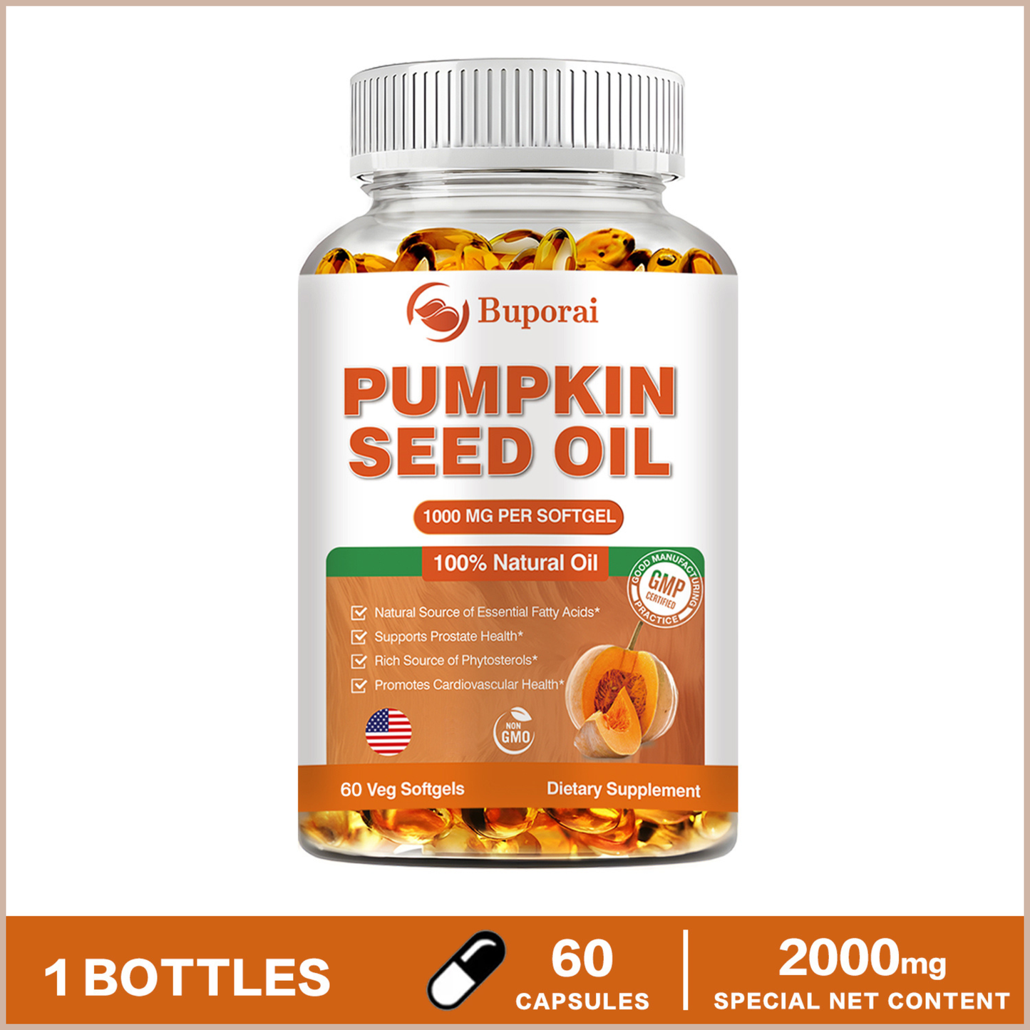 Pumpkin Seed Oil Capsules for Hair, Heart & Prostate Support, 60 Count