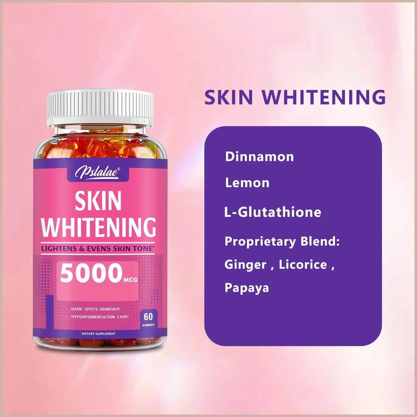 Skin Brightening Gummies – Tone, Antioxidant & Anti-Aging Support – L-Glutathione, Lemon & Cinnamon – 60 Gummies