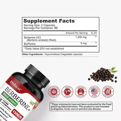Berberine HCl Supplement with BioPerine, Metabolic Wellness Support, Vegetarian Capsules, 60 count