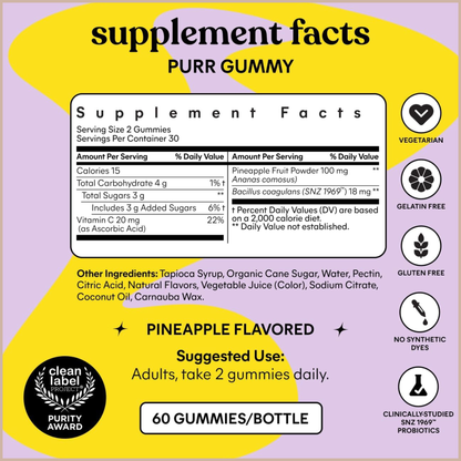 Lemme Purr Vaginal Probiotic Gummies – pH Balance, Healthy Odor, Flora & Immune Support – Pineapple Flavor – 60 Count