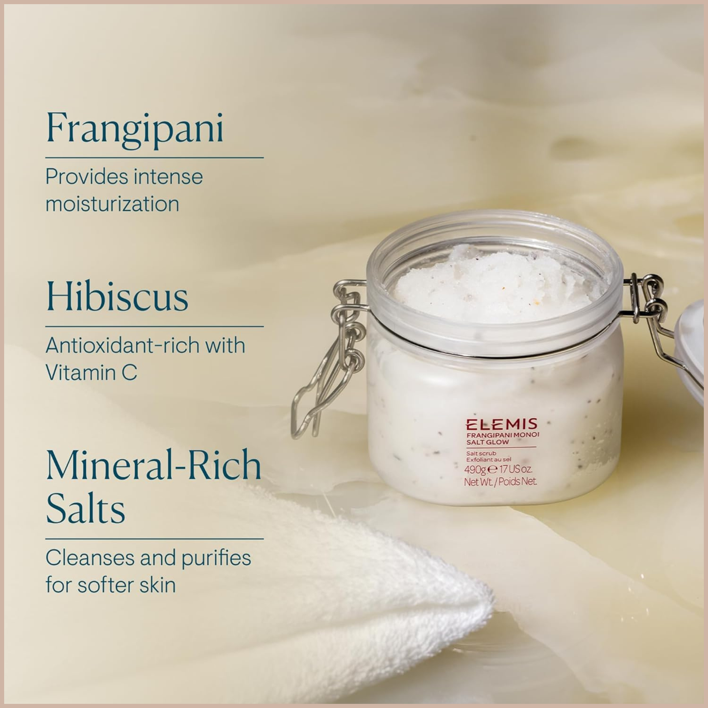 Frangipani Monoi Salt Glow Body Scrub – Tropical Body Polish with Mineral-Rich Salts, Hibiscus & Monoi Oil – 490g