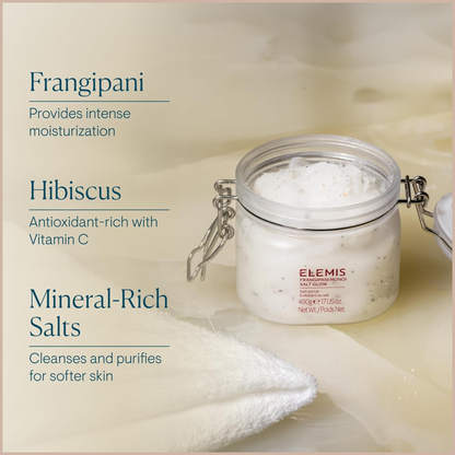 Frangipani Monoi Salt Glow Body Scrub – Tropical Body Polish with Mineral-Rich Salts, Hibiscus & Monoi Oil – 490g