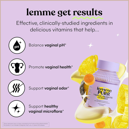 Lemme Purr Vaginal Probiotic Gummies – pH Balance, Healthy Odor, Flora & Immune Support – Pineapple Flavor – 60 Count