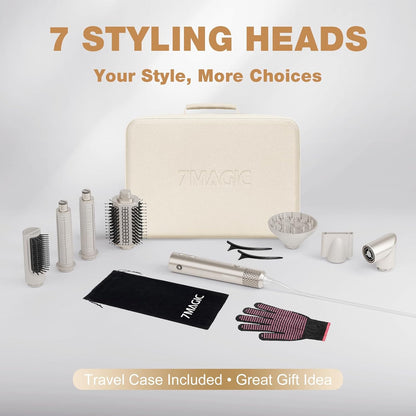 7MAGIC 7-in-1 Hot Air Styler – High-Speed Hair Dryer, Auto-Wrap Curler & Multi-Styler with Travel Case – Champagne Gold