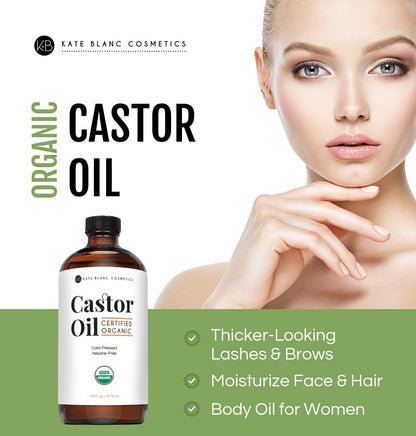 Organic Castor Oil for Hair, Skin & Face – 100% Pure Cold-Pressed Hexane-Free Castor Oil for Eyelashes, Eyebrows, Hair & Skin – 16 oz Glass Bottle