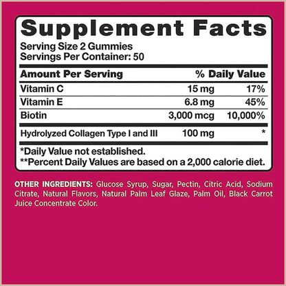 Natural Biotin Gummies – Hair, Skin, Nails & Collagen Support – Antioxidant Beauty Supplement – 100 Gummies