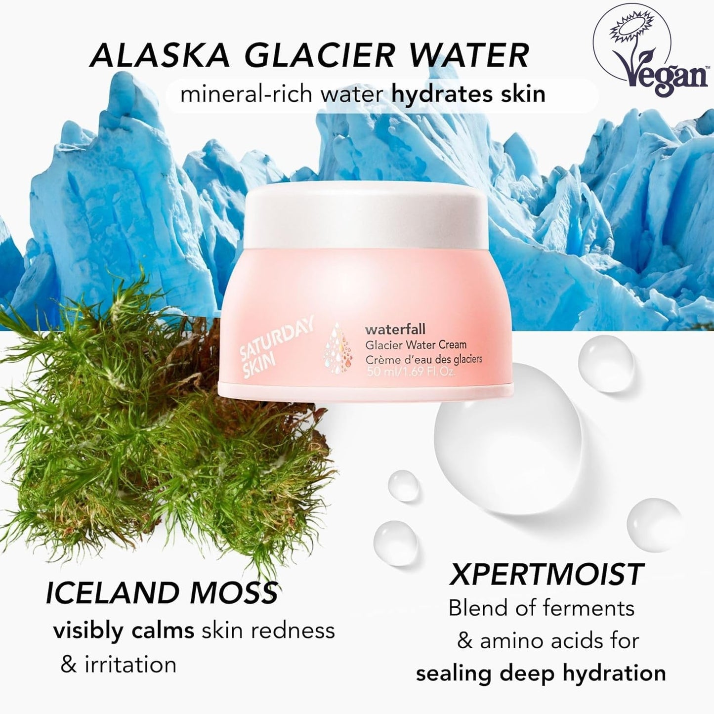 Saturday Skin Waterfall Glacier Water Cream – Oil-Free Korean Gel Moisturizer with Glacier Water & Peptides – 1.69 fl oz / 50ml