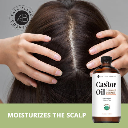 Organic Castor Oil for Hair, Skin & Face – 100% Pure Cold-Pressed Hexane-Free Castor Oil for Eyelashes, Eyebrows, Hair & Skin – 16 oz Glass Bottle