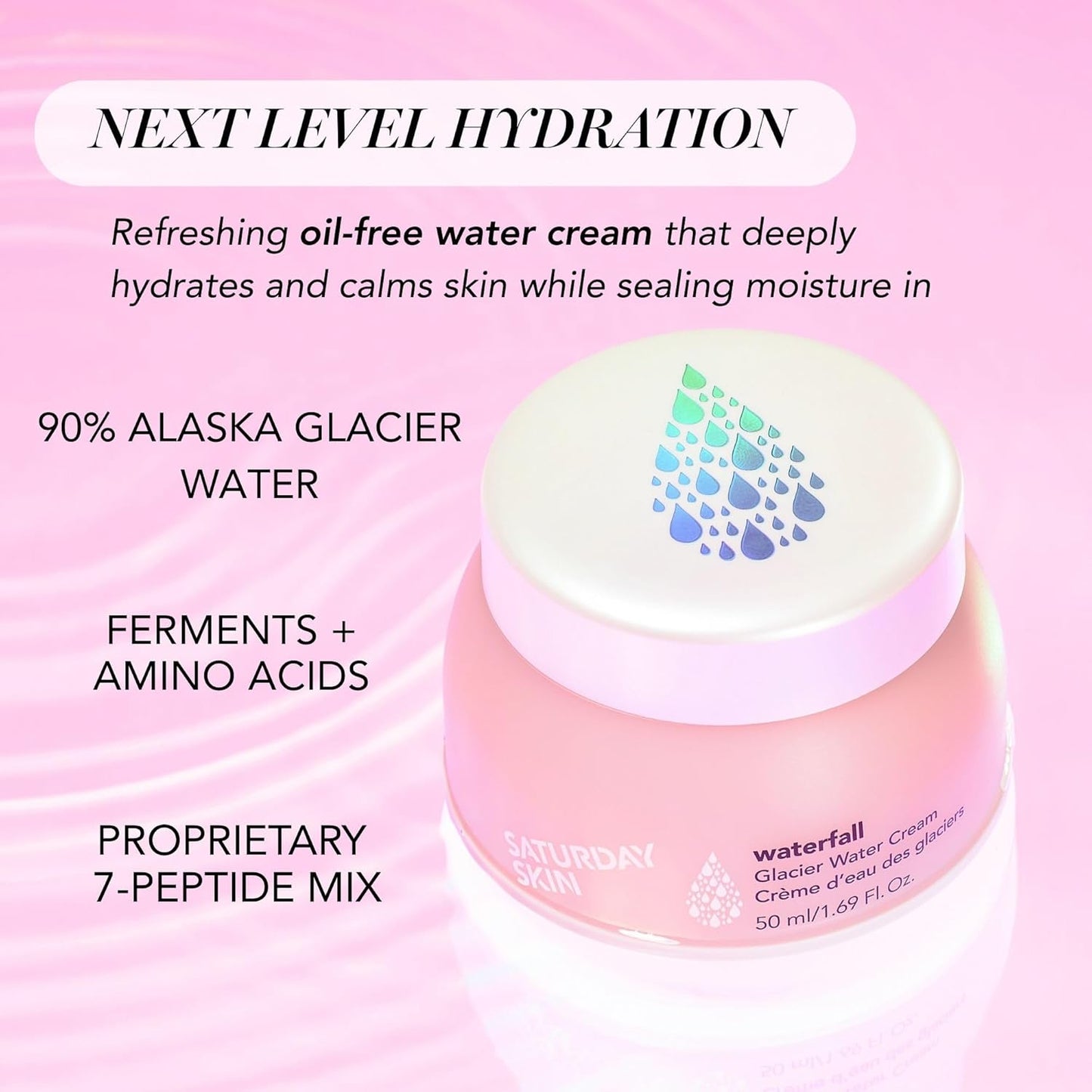 Saturday Skin Waterfall Glacier Water Cream – Oil-Free Korean Gel Moisturizer with Glacier Water & Peptides – 1.69 fl oz / 50ml