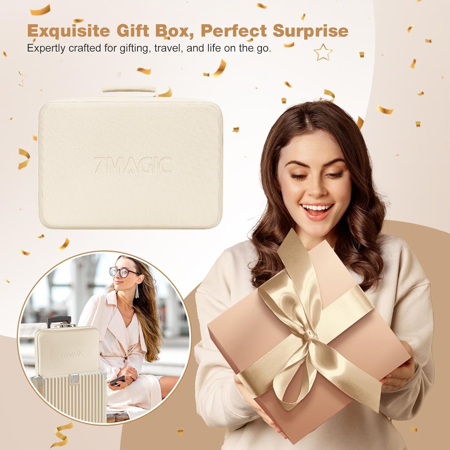 7MAGIC 7-in-1 Hot Air Styler – High-Speed Hair Dryer, Auto-Wrap Curler & Multi-Styler with Travel Case – Champagne Gold