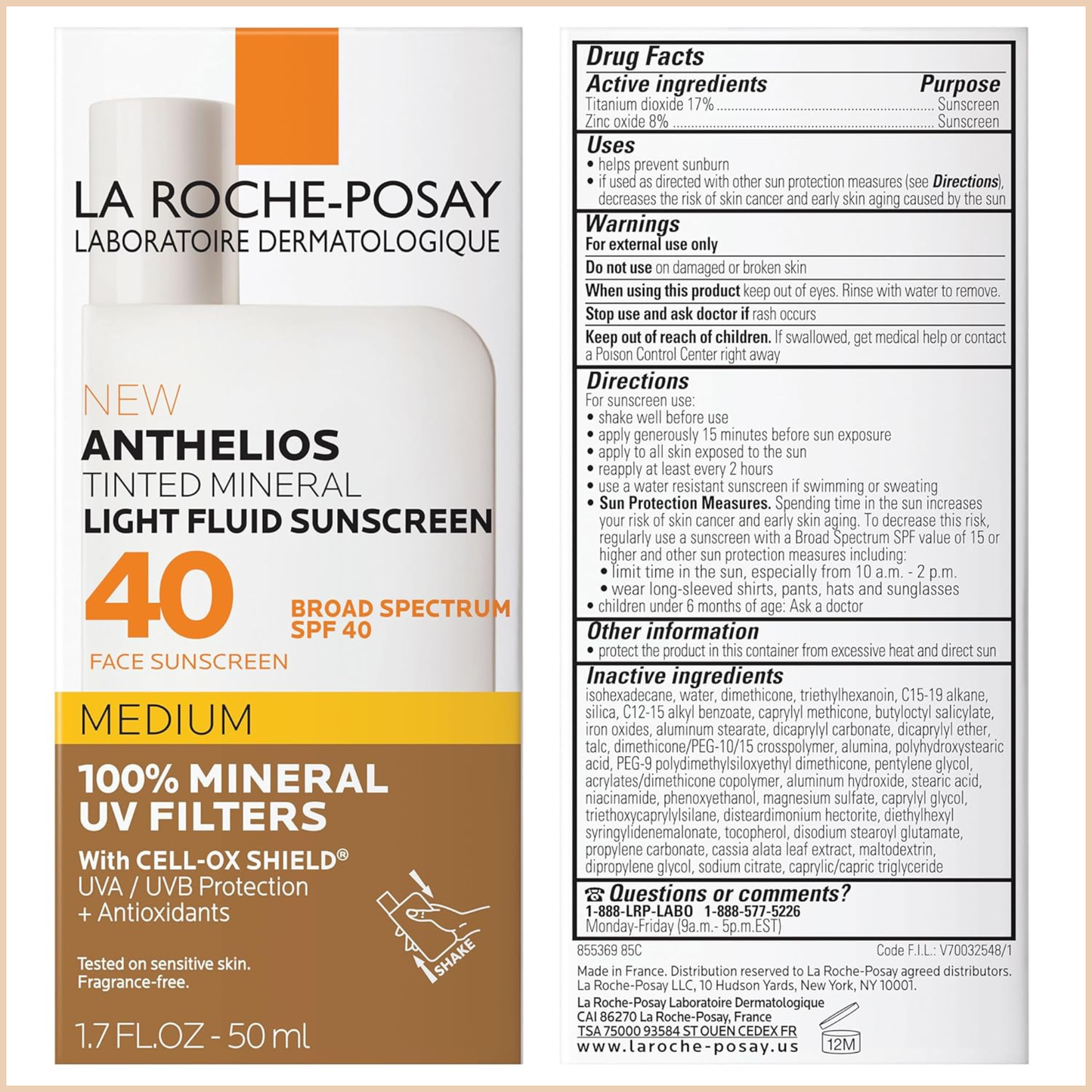 Anthelios Tinted Mineral Sunscreen SPF 40 – Ultra-Light Broad Spectrum Face Sunscreen with Titanium Dioxide & Zinc Oxide, Oil-Free Matte Finish - Medium