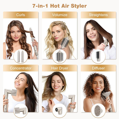 7MAGIC 7-in-1 Hot Air Styler – High-Speed Hair Dryer, Auto-Wrap Curler & Multi-Styler with Travel Case – Champagne Gold