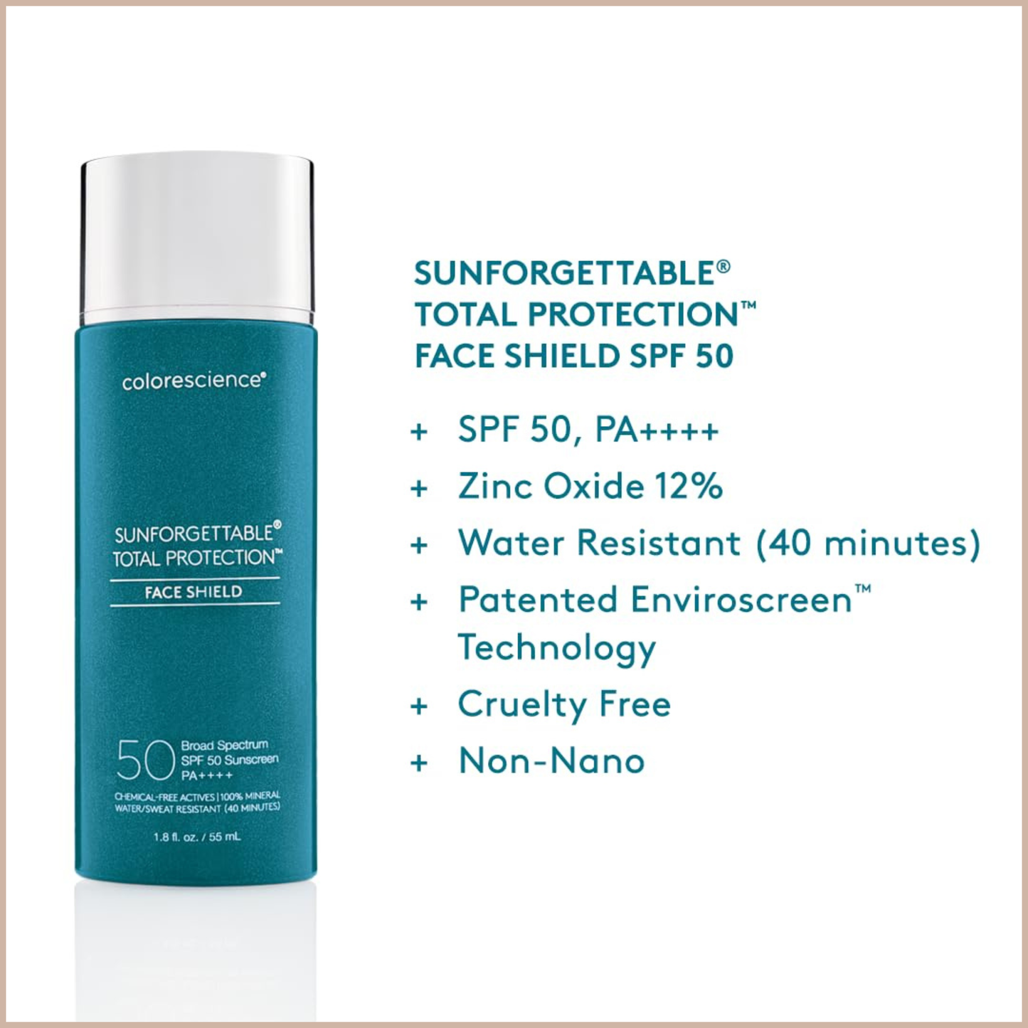 Total Protection Face Shield SPF 50 – 100% Mineral Zinc Oxide Sunscreen with Environmental Defense – 1.8 fl oz