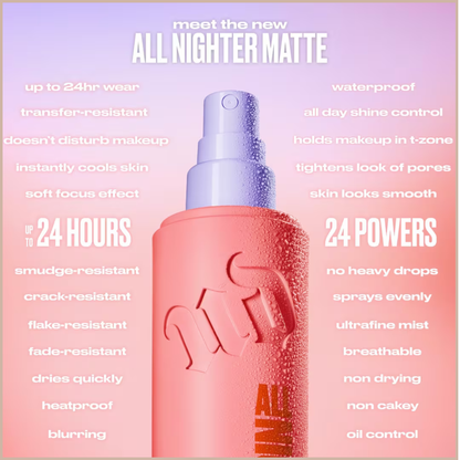 All Nighter Waterproof Matte Setting Spray – 24HR Makeup Hold, Oil Control & Matte Finish