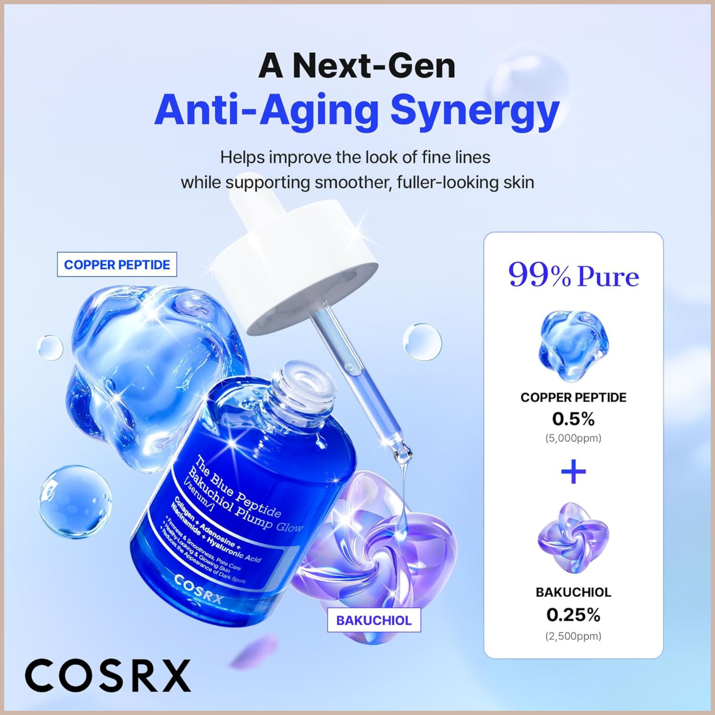 The Blue Copper Peptide Bakuchiol Serum – Korean Peptide Plumping Face Serum with GHK-Cu Copper Peptides & Bakuchiol – 1.69 fl oz