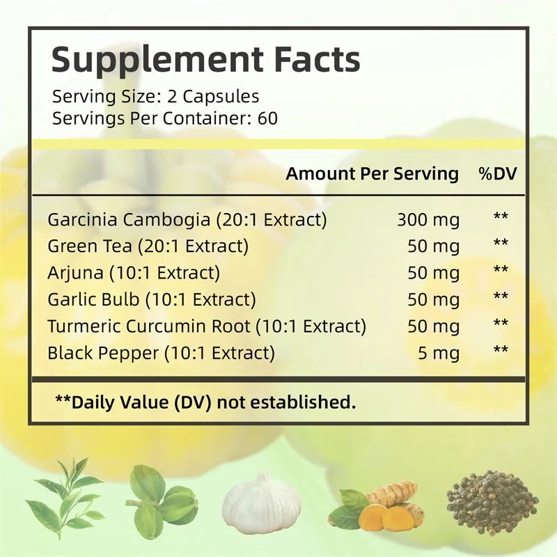Garcinia Cambogia Capsules with Green Tea, Turmeric & Black Pepper, Herbal Supplement, 60 count