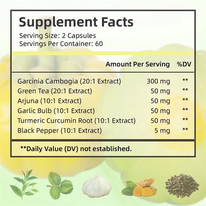 Garcinia Cambogia Capsules with Green Tea, Turmeric & Black Pepper, Herbal Supplement, 60 count