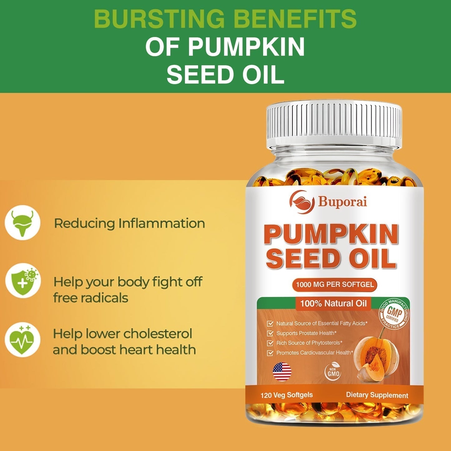 Pumpkin Seed Oil Capsules for Hair, Heart & Prostate Support, 60 Count