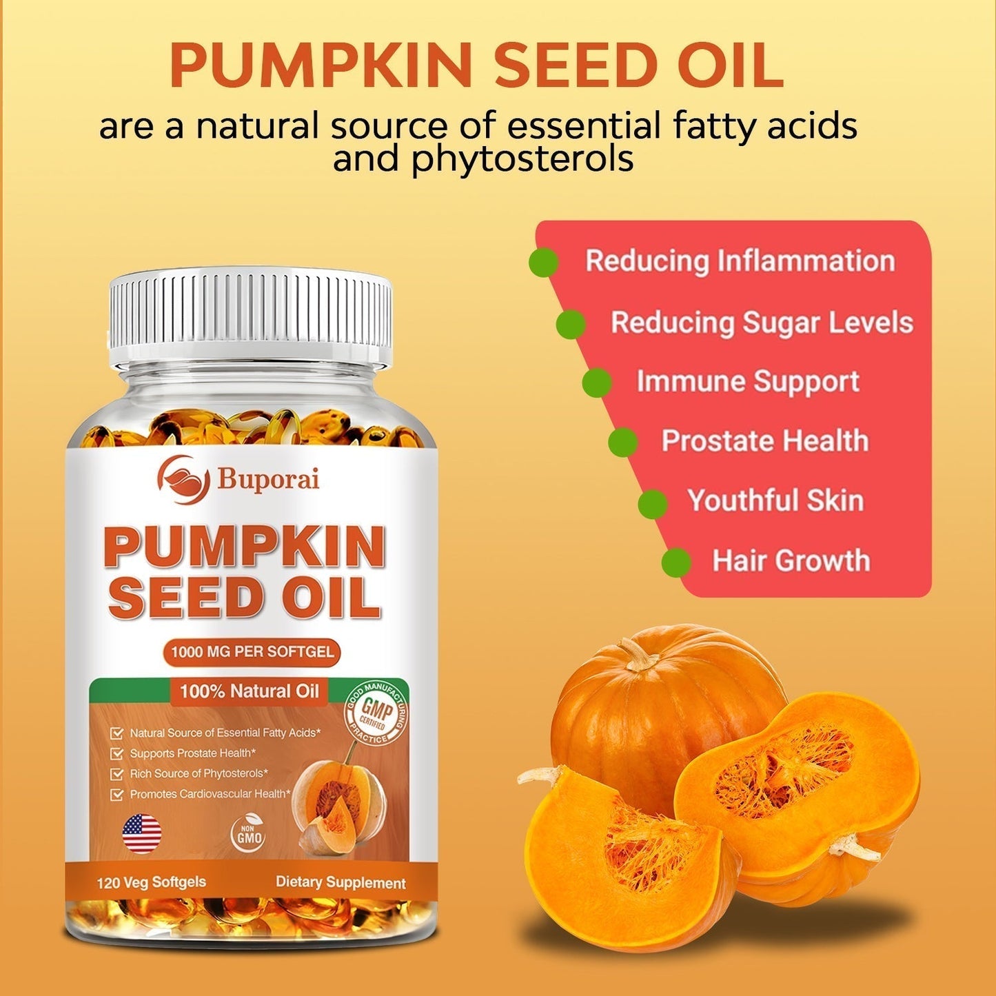 Pumpkin Seed Oil Capsules for Hair, Heart & Prostate Support, 60 Count