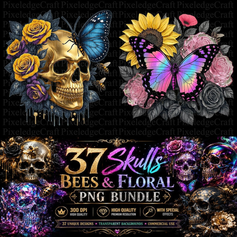 Gothic Floral Skulls Bees PNG Bundle | Special Effects, 300 DPI (Digital Download)