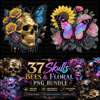 Gothic Floral Skulls Bees PNG Bundle | Special Effects, 300 DPI (Digital Download)
